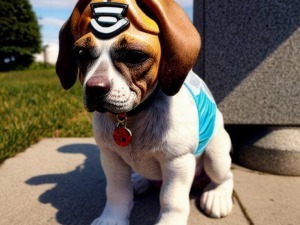 Cagnolino con maschera da supereroe e costume blu, seduto su un marciapiede all'aperto in una giornata di sole, rappresenta amore per gli animali e lo spirito giocoso.