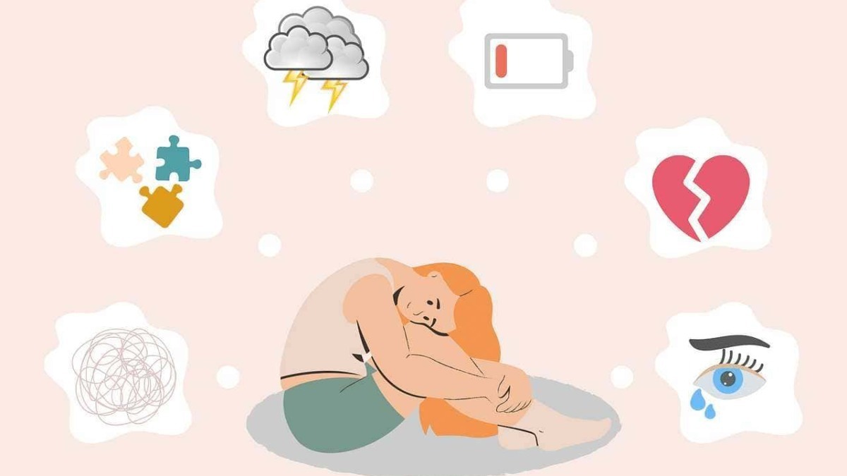 Ragazza triste seduta con pensieri di salute mentale, emozioni e benessere psicologico, tra cui stress, nervosismo, dolore e depressione.