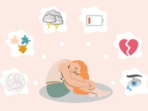 Ragazza triste seduta con pensieri di salute mentale, emozioni e benessere psicologico, tra cui stress, nervosismo, dolore e depressione.