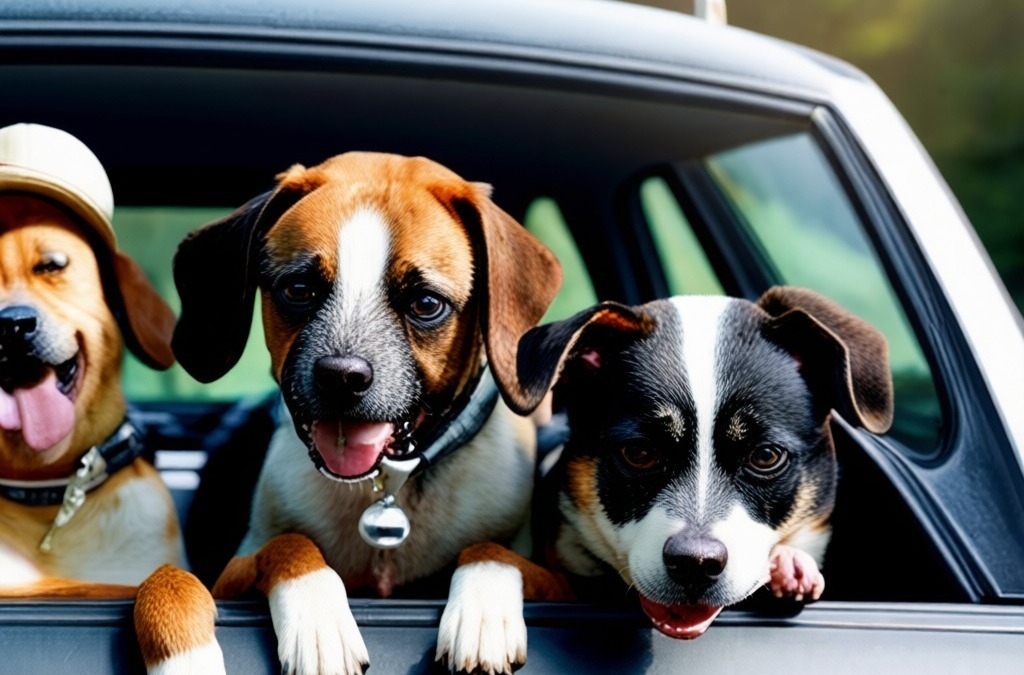 Cani felici che sporgono dal finestrino di un'auto in viaggio, simbolo di avventure e libertà con i loro proprietari.