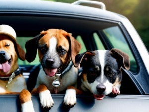 Cani felici che sporgono dal finestrino di un'auto in viaggio, simbolo di avventure e libertà con i loro proprietari.