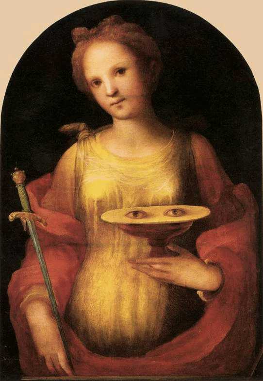 Santa lucia di siracusa: Suggestivo dipinto rinascimentale con figura femminile che tiene un piatto con occhi, simbolo di mistero e introspezione nell'arte storica.
