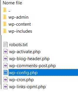 Immagine di file di codice PHP e cartelle di un sito web WordPress, rappresentando la gestione dei file e delle directory di hosting.