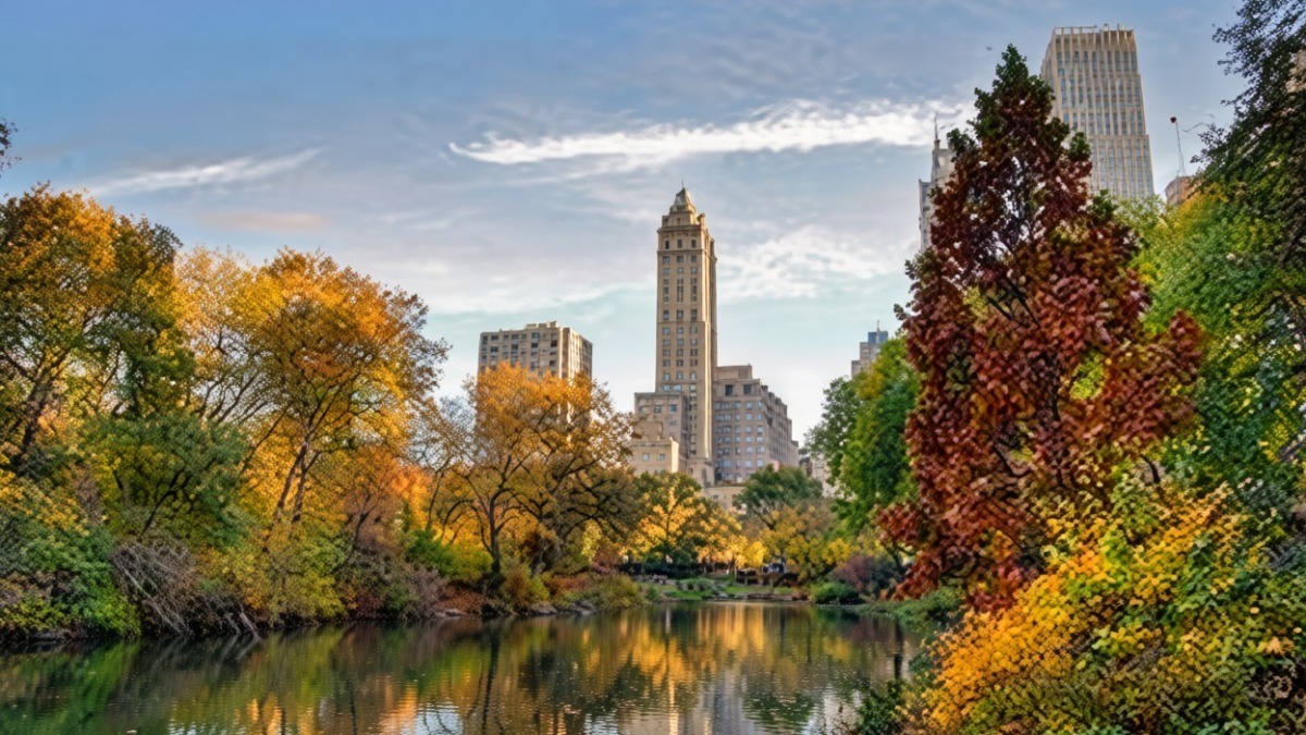 Urbano parco con città skyline, alberi autunnali e riflessi su uno specchio d'acqua, in un ambiente naturale attraversato dalla natura e l'urbanizzazione, perfetto per eventi e relax.