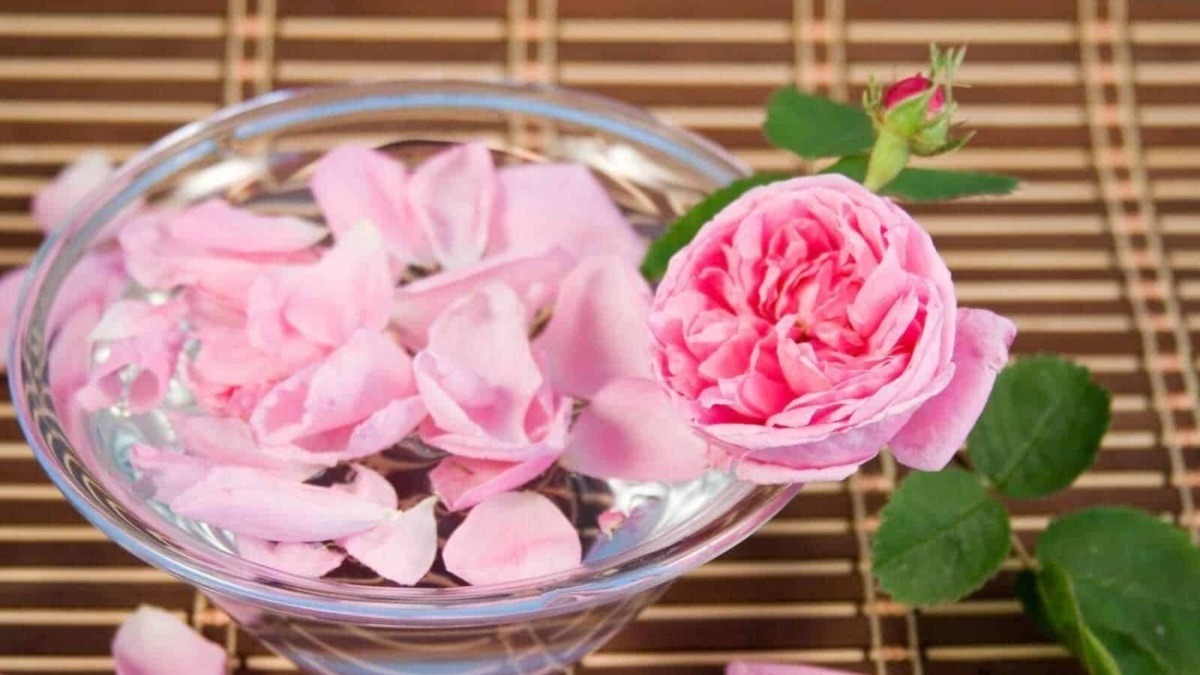 Petali di rosa rosa in una ciotola di vetro con rosa intera e foglie verdi su uno sfondo di bambù.