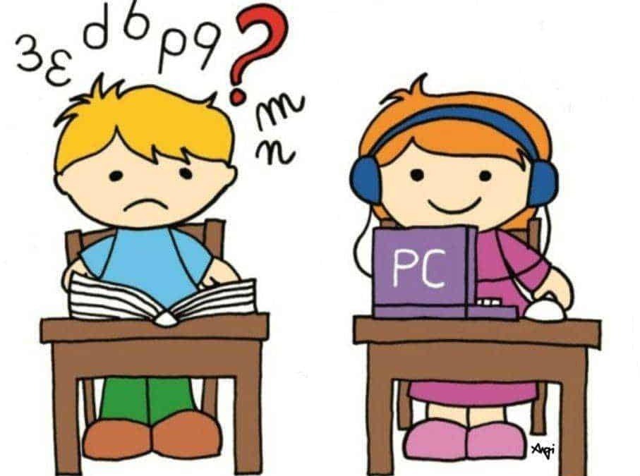 Cos'è la tecnologia: Immagine di due bambini che studiando e giocando con PC e libri, rappresentando l'apprendimento e l'uso della tecnologia in modo divertente e educativo.