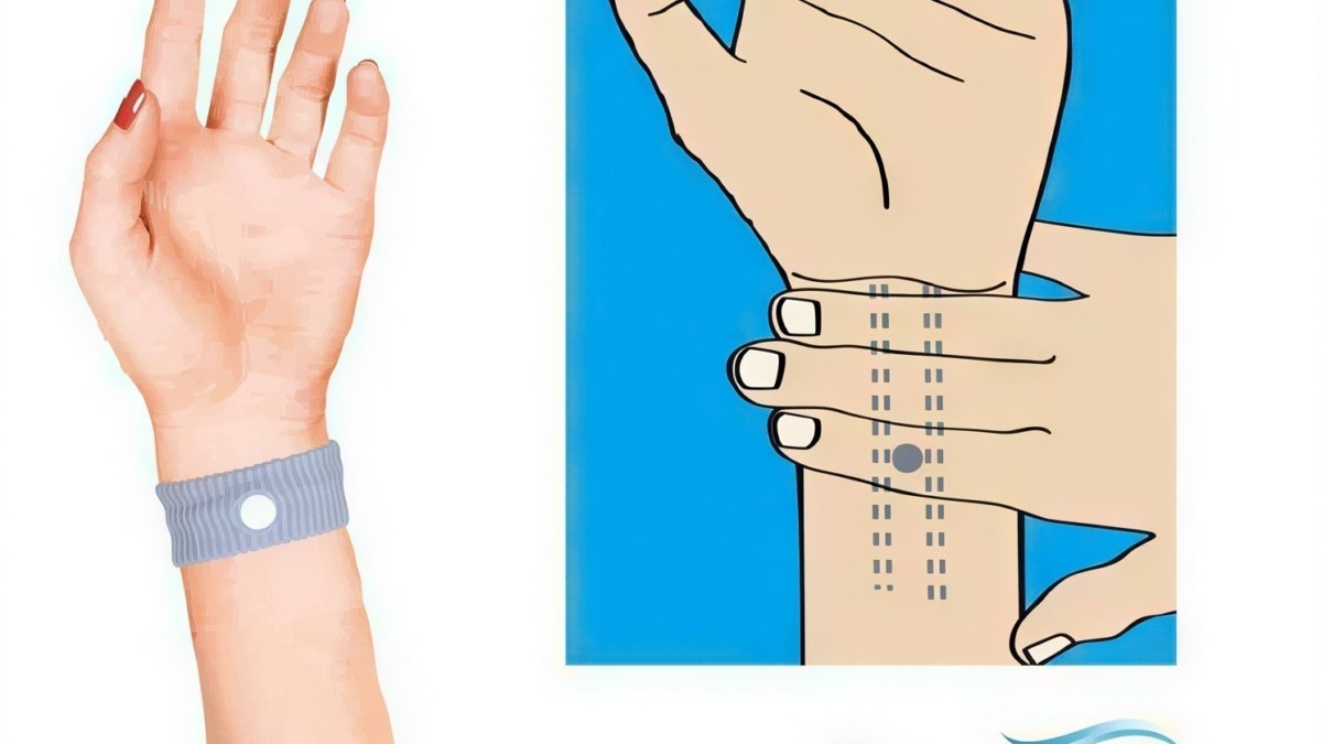 Fermagli per acupressione Sea-Band sul polso per nausea e malesseri legati alla gravidanza, viaggio o chemioterapia. Dispositivo naturale per alleviare disturbi senza farmaci.