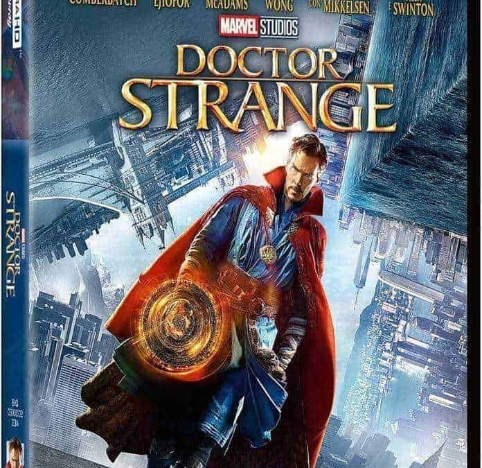 4K Ultra HD Doctor Strange Marvel Studios movie cover, featuring Benedict Cumberbatch as Doctor Strange with cityscape background and mystical elements, perfect for super hero film fans.