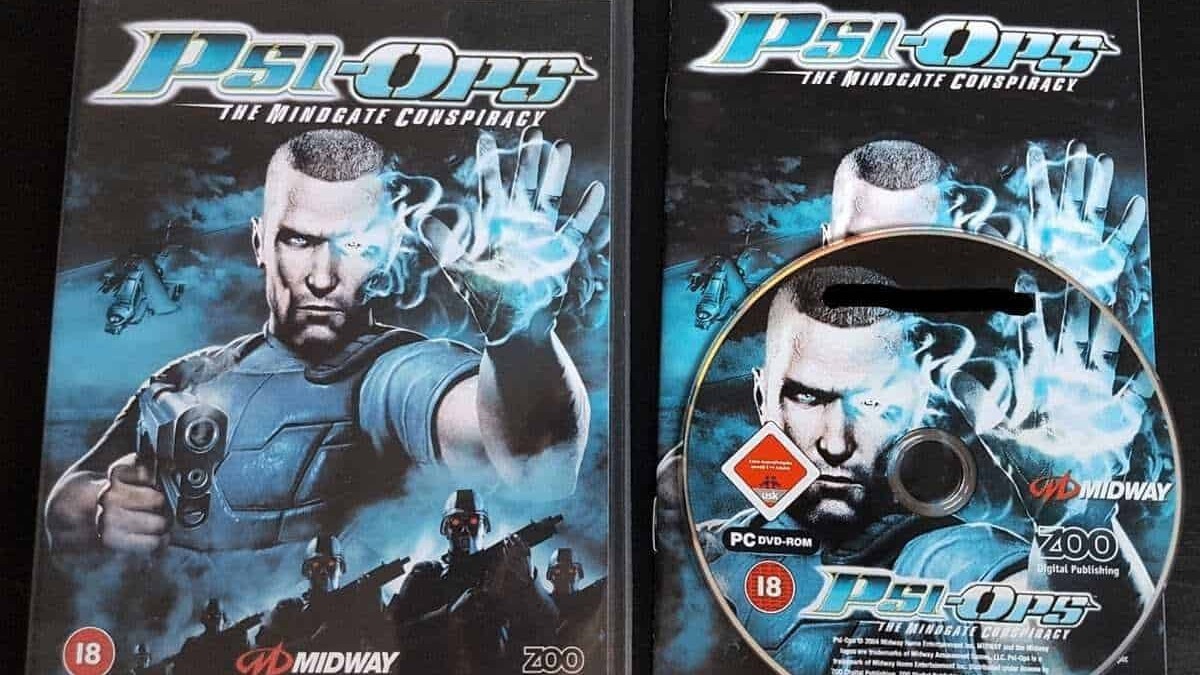 PSI-OPS Il complotto del portale, copertina del gioco su DVD con personaggio minaccioso e ambientazione futuristica, ideale per appassionati di videogiochi d’azione e avventura.