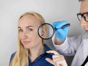 Diagnosi dell'orecchio con un medico otorinolaringoiatra usando una lente d'ingrandimento. Visita specialistica, controllo udito e monitoraggio della salute auricolare.