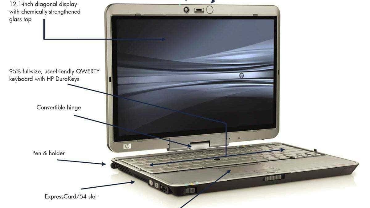 Display di un laptop HP con monitor da 12,1 pollici, tastiera QWERTY, webcam opzionale e funzioni di convertibilità, ideale per lavoro e studio, con focus su tecnologia portatile.