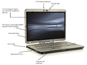 Display di un laptop HP con monitor da 12,1 pollici, tastiera QWERTY, webcam opzionale e funzioni di convertibilità, ideale per lavoro e studio, con focus su tecnologia portatile.