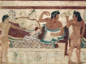 Filastrocca Egizia dell'antico papiro su scroll, scena di personaggi in profilo coinvolti in attività quotidiane, stile artistico in legno dipinto.