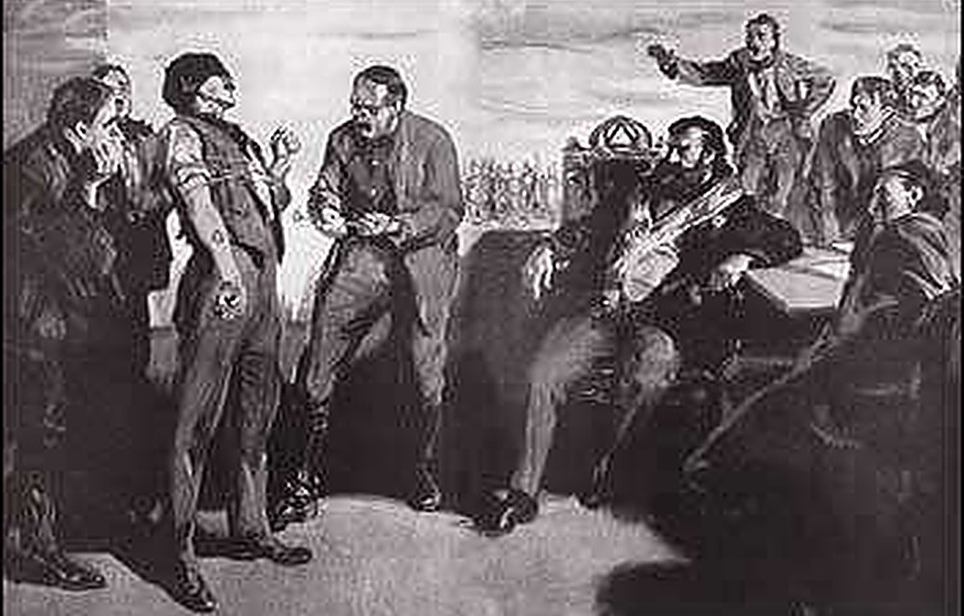 Pintura di un gruppo di persone in un incontro sociale storico, in bianco e nero, rappresenta un momento di discussione o celebrazione culturale.