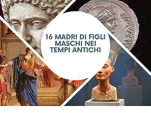 Antico busto di marmo, moneta romana e statua di dea egizia, immagini di stili antichi e culture storiche, focus su Madri dei figli maschi nei tempi antichi, arte e storia antica.