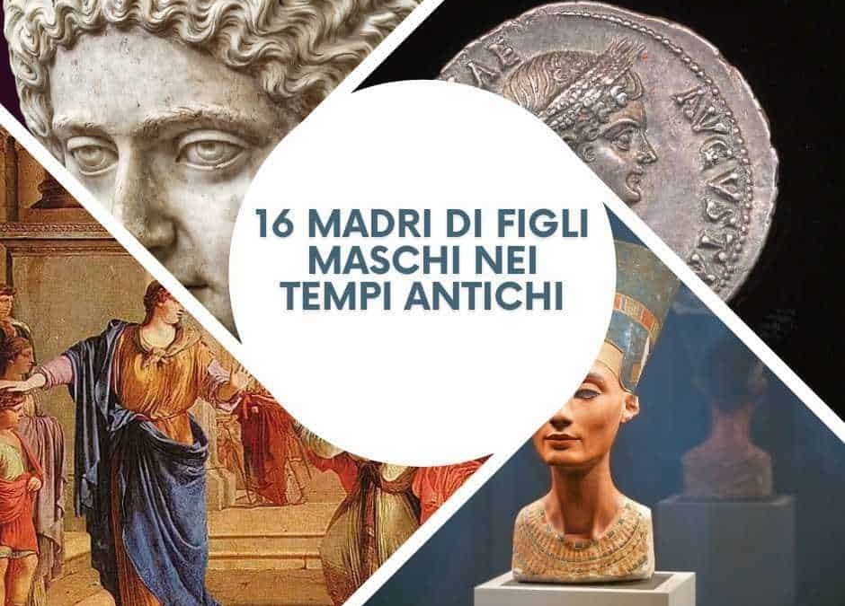 Antico busto di marmo, moneta romana e statua di dea egizia, immagini di stili antichi e culture storiche, focus su Madri dei figli maschi nei tempi antichi, arte e storia antica.