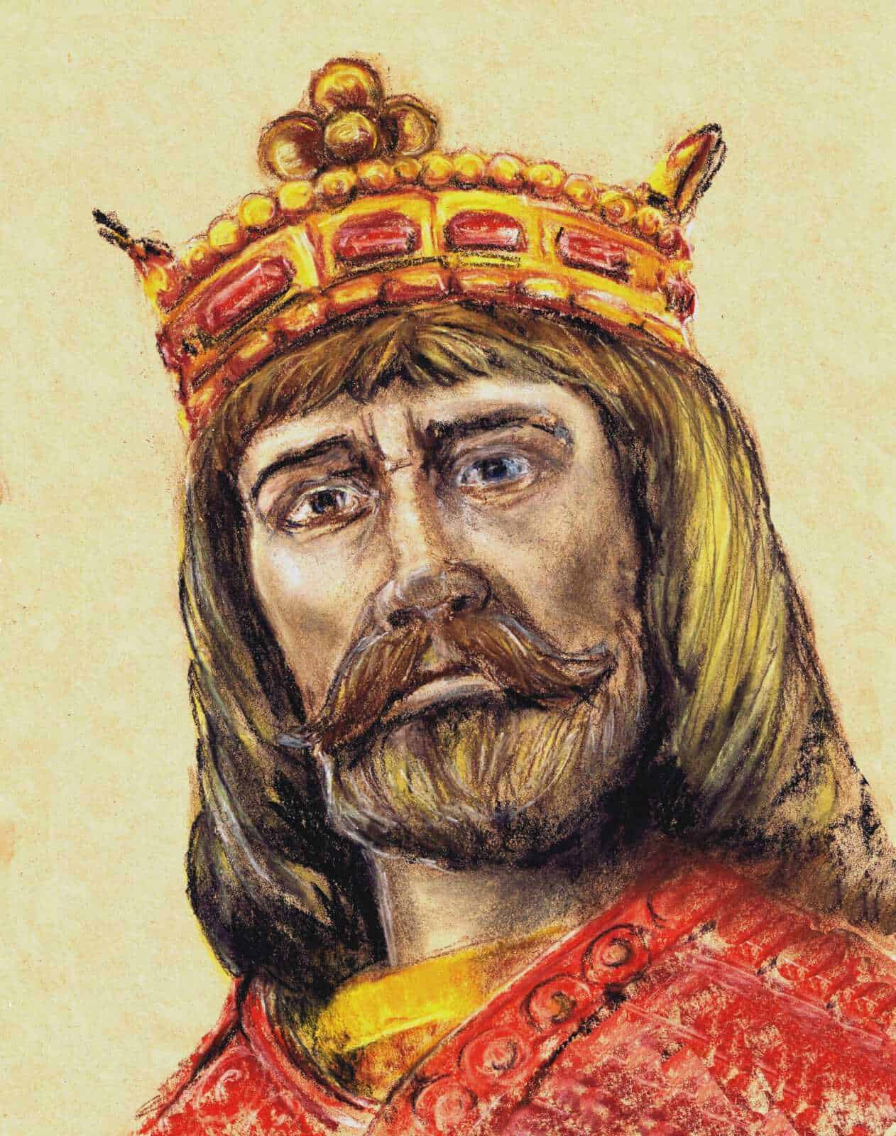 Ritratto di un sovrano medievale con corona decorata, barba folta e abbigliamento regale, realizzato in stile pittorico per illustrare figure storiche e monarchiche italiane.