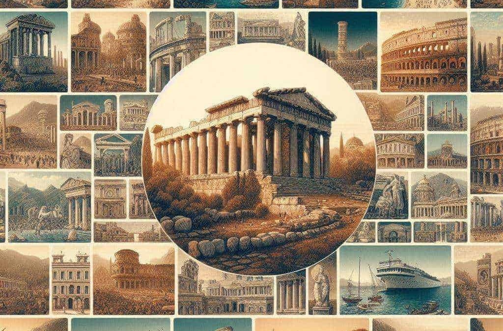 Antica rovina di un tempio greco con colonne doriche in paesaggio storico e turistico italiano.