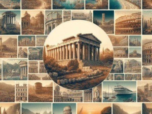 Antica rovina di un tempio greco con colonne doriche in paesaggio storico e turistico italiano.