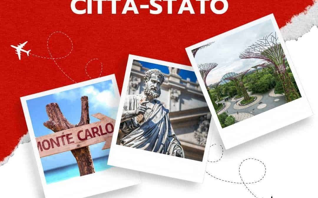 Antico cartello di legno con scritta Monte Carlo, statua di un uomo con barba e tunica in marmo, giardino futuristico con alberi modanici e percorsi curvi, immagine di città-stato.