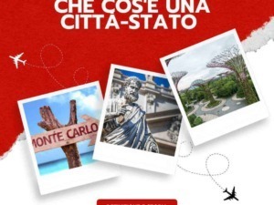 Antico cartello di legno con scritta Monte Carlo, statua di un uomo con barba e tunica in marmo, giardino futuristico con alberi modanici e percorsi curvi, immagine di città-stato.