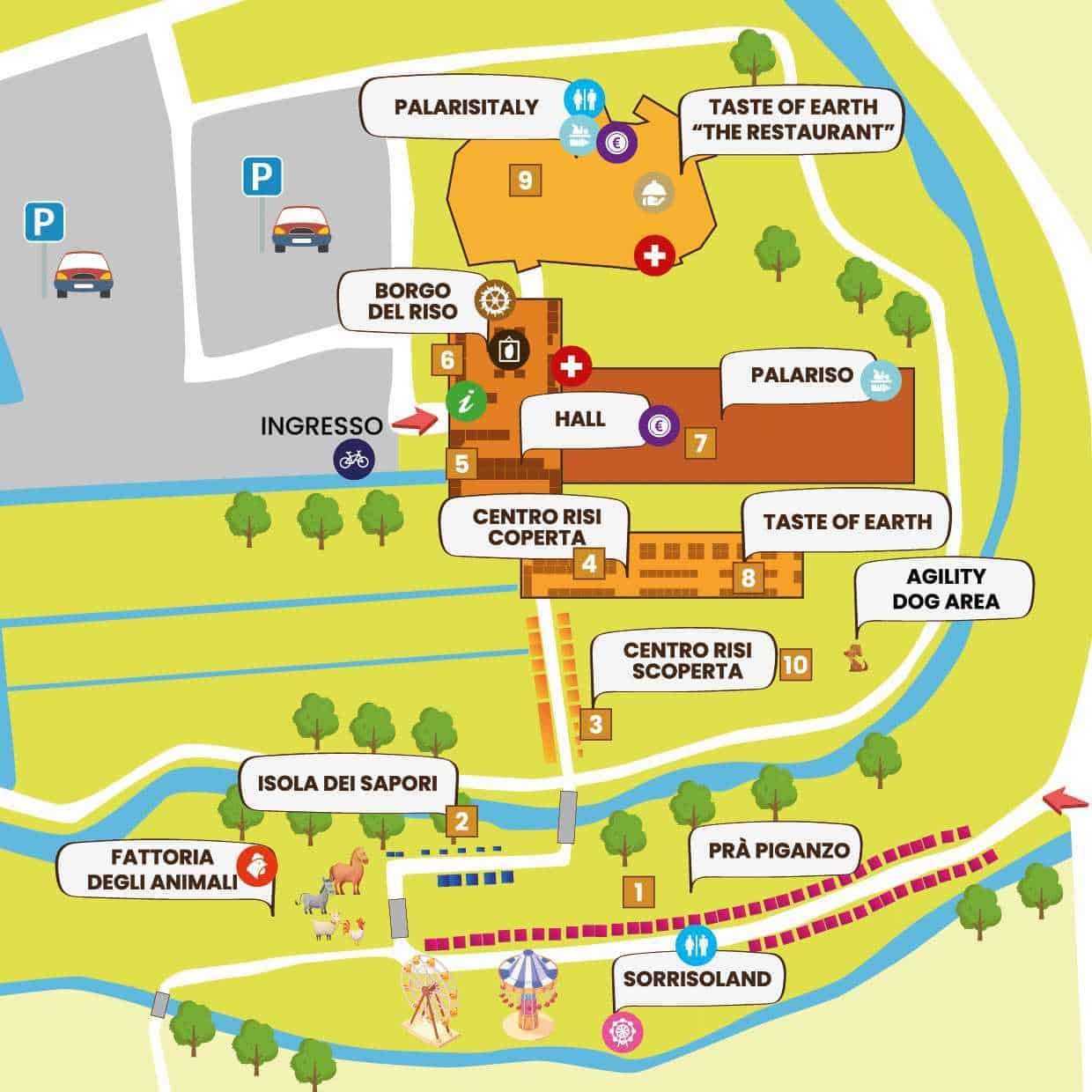 mappa illustrativa del parco tematico con aree per famiglie e attrazioni turistiche, inclusi prati, zone per cani, ristoranti e aree giochi, evidenziando punti di interesse principali e servizi offerti.