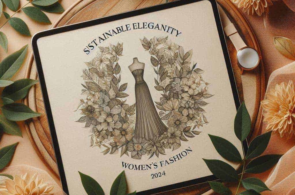 Sustainable elegance Women's Fashion 2024 logo on tablet surrounded by flowers and leaves, emphasizing eco-friendly clothing, fashion trends, and sustainable style for women in 2024.