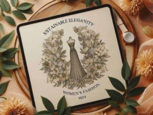 Sustainable elegance Women's Fashion 2024 logo on tablet surrounded by flowers and leaves, emphasizing eco-friendly clothing, fashion trends, and sustainable style for women in 2024.