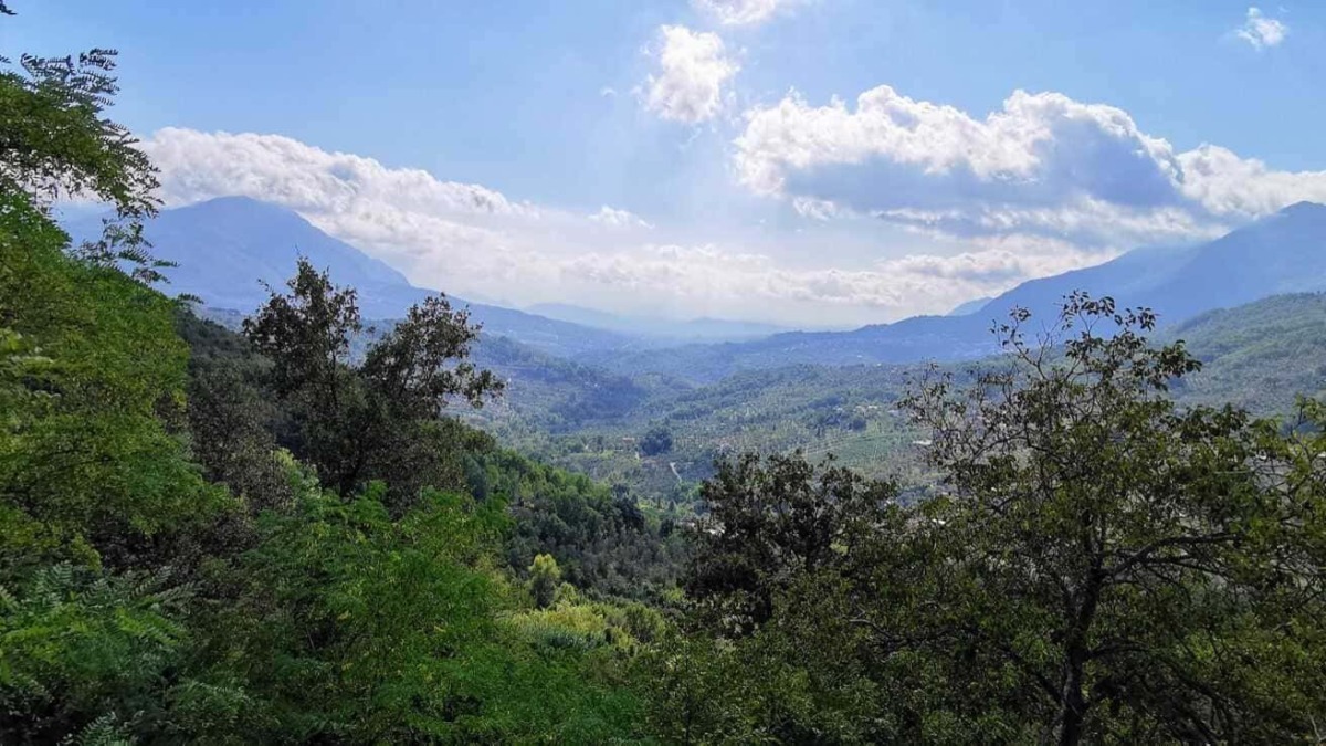 Paisa in un paesaggio montano tra vedi e boschi, con cieli nuvolosi e montagne sullo sfondo, rappresenta la bellezza naturale del panorama italiano.