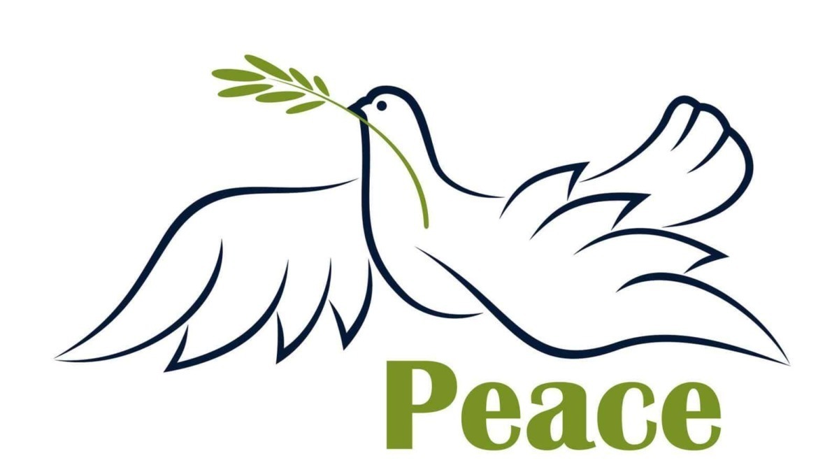 Colomba con ramo di olivo, simbolo di pace e speranza, stile minimalista con linee nere, sfondo bianco, testo "Peace" in verde, rappresentazione di armonia e tranquillità.