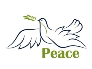 Colomba con ramo di olivo, simbolo di pace e speranza, stile minimalista con linee nere, sfondo bianco, testo "Peace" in verde, rappresentazione di armonia e tranquillità.