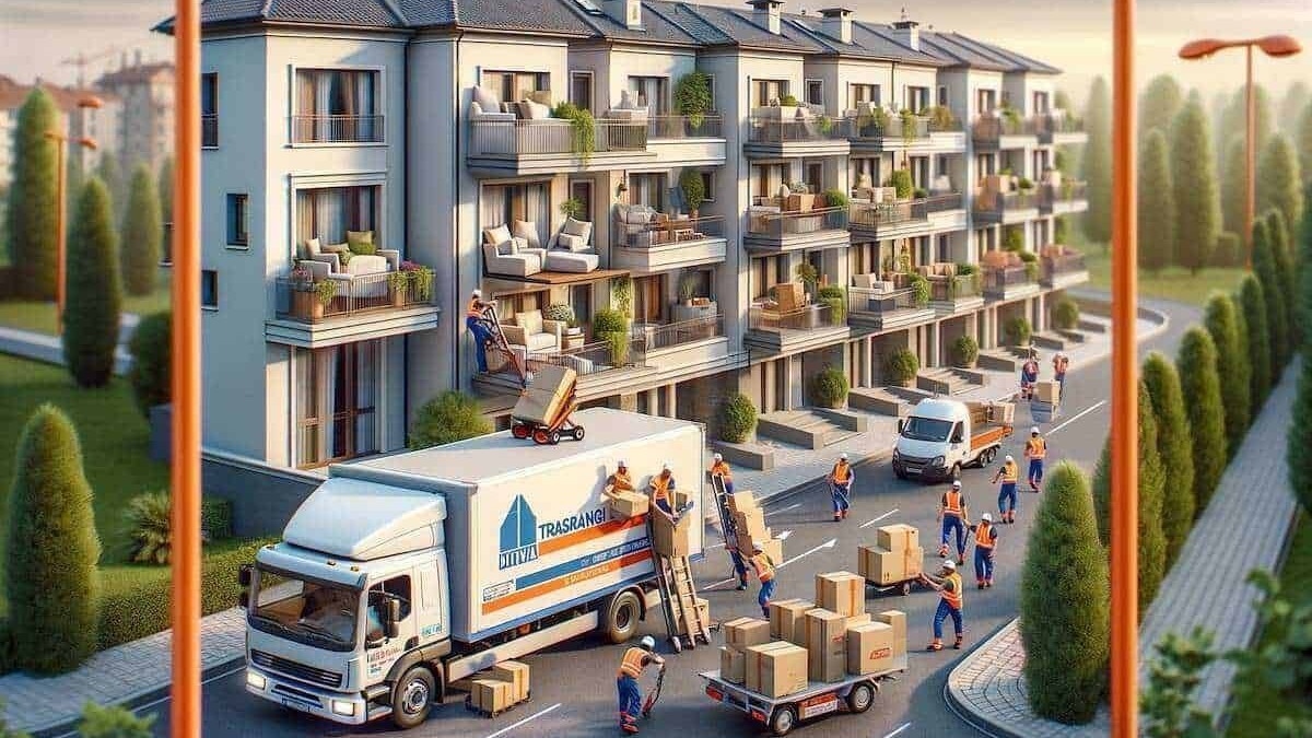 Trasporto e consegna mobili in un complesso residenziale moderno con operai al lavoro, camion e scatole, immagini di logistica e servizi di trasporto per appartamenti di lusso.