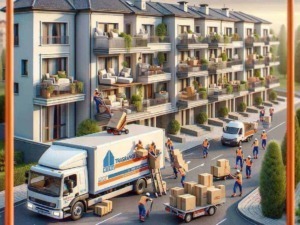 Trasporto e consegna mobili in un complesso residenziale moderno con operai al lavoro, camion e scatole, immagini di logistica e servizi di trasporto per appartamenti di lusso.