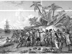 Piantina di schiavi africani catturati sulla costa durante la tratta atlantica, con piroghe e vegetazione tropicale sullo sfondo.
