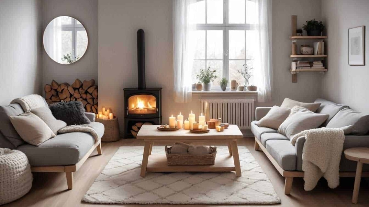 Soggiorno accogliente con camino, divani in stile minimalista, decorazioni natalizie e luci soffuse, atmosfera calda e rilassante in stile Scandinavico.
