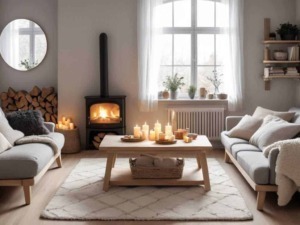 Soggiorno accogliente con camino, divani in stile minimalista, decorazioni natalizie e luci soffuse, atmosfera calda e rilassante in stile Scandinavico.