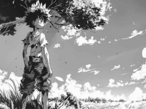 Ragazzo anime in una scena all'aperto sotto un albero, stile omaggio manga classico.