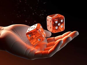 Dice colorati rossi in mano, gioco di dadi in digitale, immagini di gioco d'azzardo, oggetti di gioco visualizzati in modo artistico, screenshot di gioco di dadi digitali.