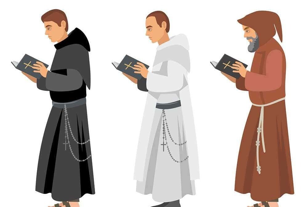 Preti cattolici in abbigliamento monastico con cappucci e rosari, rappresentanti famosi come Augustinians, Dominican, e Capuchin, che pregano leggendo le Scritture.
