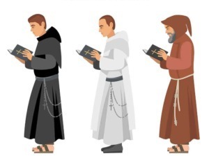 Preti cattolici in abbigliamento monastico con cappucci e rosari, rappresentanti famosi come Augustinians, Dominican, e Capuchin, che pregano leggendo le Scritture.
