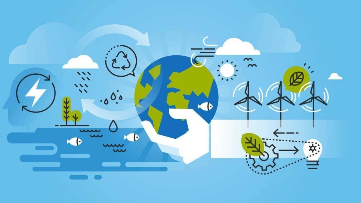 Rappresentazione grafica dell'energia sostenibile,olica, fonti di energia rinnovabile come vento, solare e idrico, importanza della tutela ambientale e soluzioni ecologiche per un futuro sostenibile.