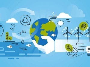 Rappresentazione grafica dell'energia sostenibile,olica, fonti di energia rinnovabile come vento, solare e idrico, importanza della tutela ambientale e soluzioni ecologiche per un futuro sostenibile.