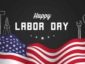 Lavoro e festa del Labor Day raffigurata con bandiera americana, attrezzi da lavoro e simboli del giorno di festa, ideale per immagini relative alle celebrazioni del Labor Day negli Stati Uniti.