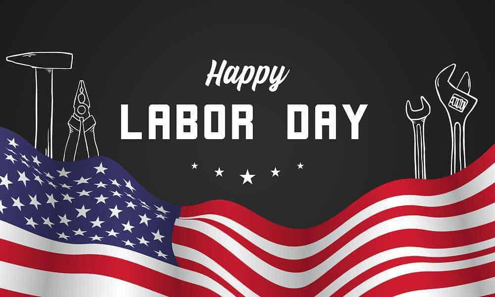 Lavoro e festa del Labor Day raffigurata con bandiera americana, attrezzi da lavoro e simboli del giorno di festa, ideale per immagini relative alle celebrazioni del Labor Day negli Stati Uniti.
