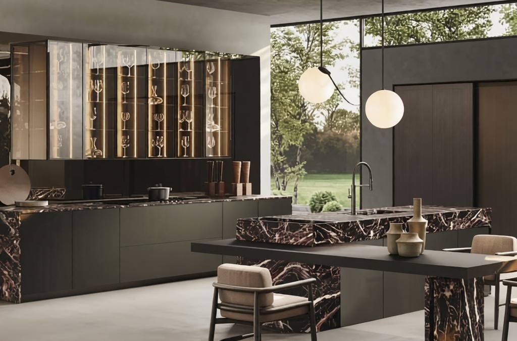 Elegante cucina moderna con isola in marmo nero e arredi minimalisti, grande finestra con vista su giardino, illuminazione sospesa, ambiente raffinato e funzionale per una casa di design.