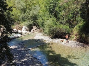 Riva di un fiume immersa in natura, con persone che si rilassano e si godono l'acqua cristallina in un ambiente verde e suggestivo.