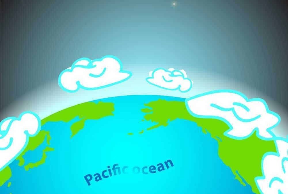 Ecologia, ambiente e sostenibilità immagini di un pianeta Terra con nuvole sopra l'oceano Pacifico, focus sulla tutela del pianeta, attività ecologiche e sensibilizzazione ambientale.