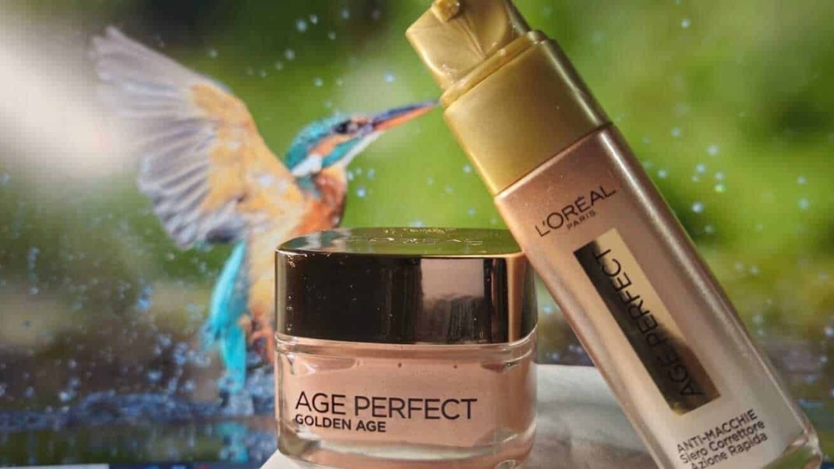Crema antirughe L'Oréal Age Perfect Golden Age e siero correttore anti-macchie con tecnologia radiofrequenza, ideali per la cura della pelle matura e per combattere i segni dell'invecchiamento.