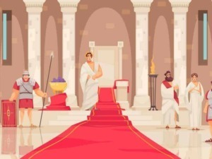 Immagine di un'imponente scena storica romana con figure in toga e abiti antichi all’interno di un tempio o palazzo romano, con colonne e archi in stile classico.