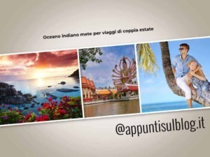 Spiaggia tropicale al tramonto con fiori colorati, statua indù e coppia che si rilassa su un albero di cocco, immagini di viaggi di coppia al mare e destinazioni esotiche per vacanze estive.